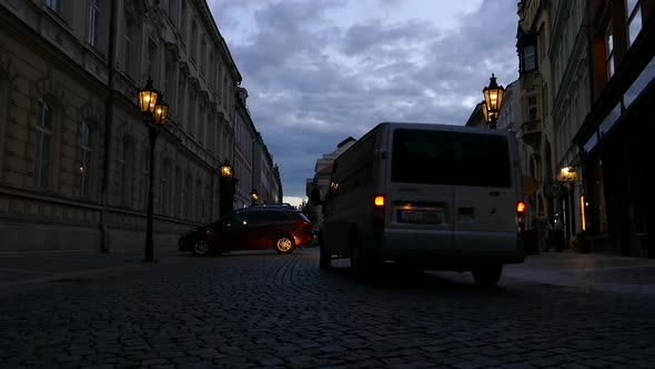 Prague City - Old Town - Night Street, People, Cars