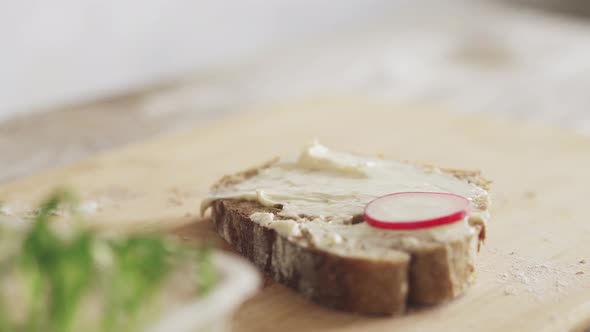 A Slice Of Wholemeal Bread With Cream Cheese. Healthy Toast For Breakfast.