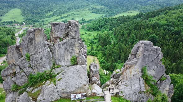 Aerial Drone View of Famous Ukrainian Medieval Cliffside Tustan Fortress Ruins