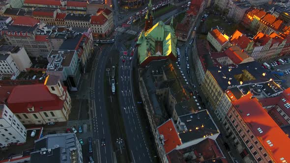 Aerial: Old town of Wroclaw at evening time