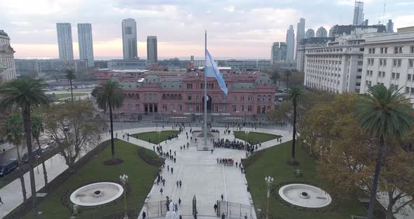 Aerial Drone Scene of May Square and Casa Rosada. The camera travels forward with the sunset. Landsc