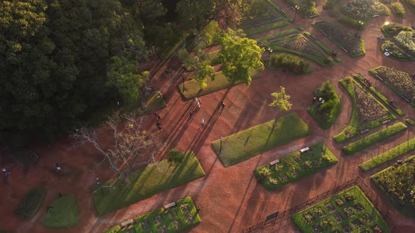 People walking in Rosedal rose garden in Buenos Aires during sunset, Argentina. Aerial top-down circ