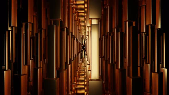 Abstract Rows of Bronze Vertical Metal Bars Spinning Around the Central Core