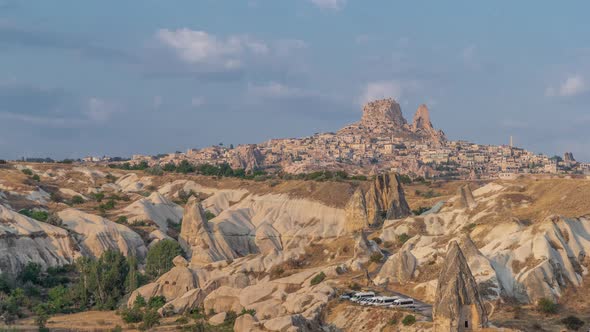 Beautiful View of Goreme From Viewpoint Aerial Timelapse Cappadocia Turkey During Sunrise