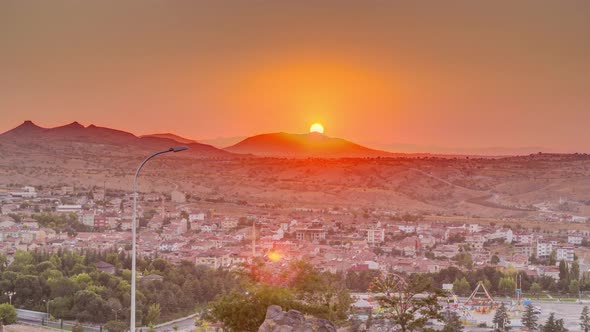 Sunset View From Old Castlethe in Historical City Town of Nevsehir Aerial Timelapse