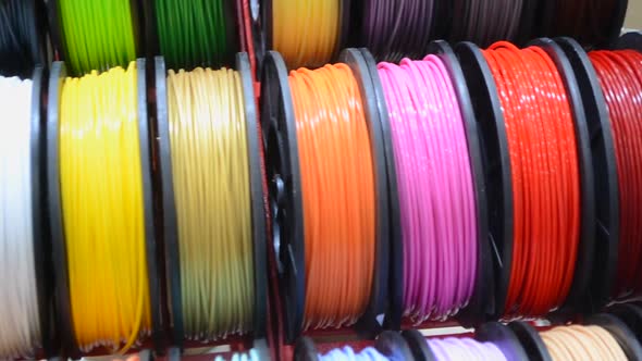 Multicolored Filaments of Plastic for Printing on a 3D Printer Closeup