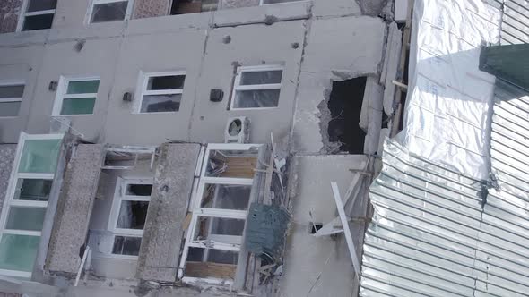 Vertical Video of a Residential Building Destroyed By the War in Ukraine