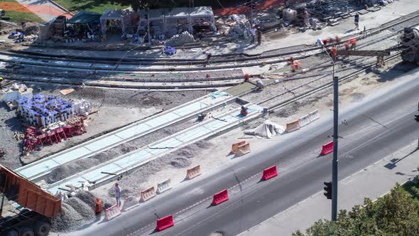 Road Construction Site with Tram Tracks Repair and Maintenance Aerial Timelapse