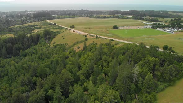 Aerial Dolly Forward of Green Hills and Trees Near Ocean