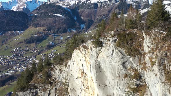 Aerial flyover rocky mountain with growing trees and epic valley panorama with housing area and snow