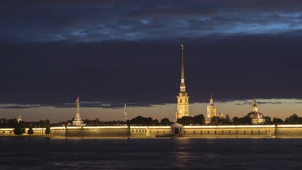 Peter and Paul Fortress and Lakhta Skyscraper at Summer Night. Motion Time Lapse