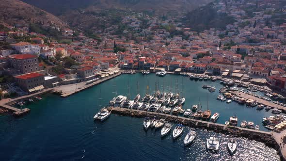 Marina on Hydra Island in Greece Aerial Video