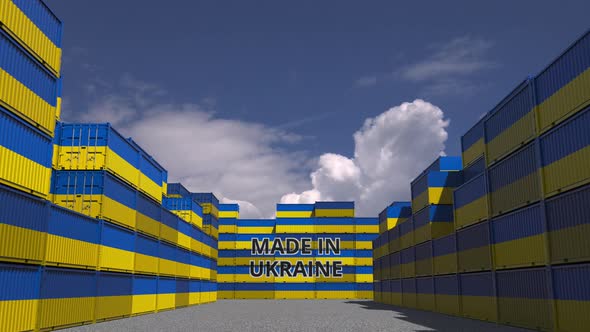 Many Containers with MADE IN UKRAINE Text and National Flags