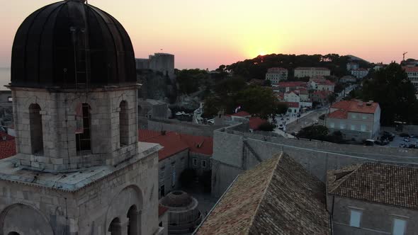 Aerial shot of Dubrovnik Old Town at sunset, city on the Adriatic sea, Croatia