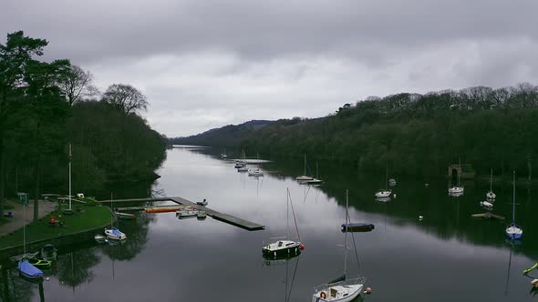 Beautiful aerial view, footage of Rudyard Lake in the Derbyshire Peak District Nation Park, popular