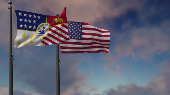 Detroit City Flag Waving Along With The National Flag Of The USA - 4K