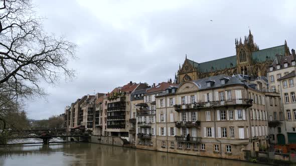 Landscape from Metz on cloudy day. St. Stephens Cathedral, right background