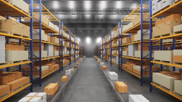Warehouse with cardboard boxes inside on pallets racks