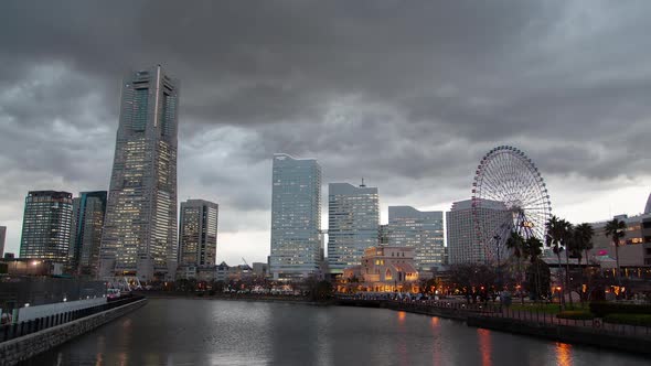 Yokohama with River Boat Traffic Sunset Timelapse