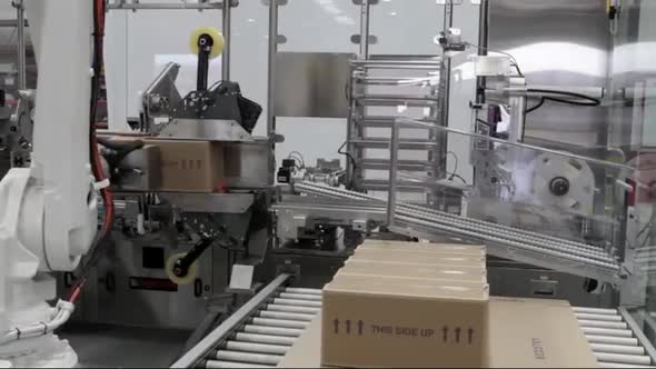 Automatic Robot Arm Assembly Line Manufacturing Advanced High Technology.