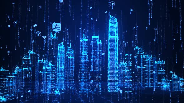 Internet Holographic Data Wireframe Smart Technology City Building Background