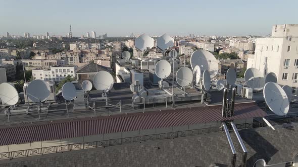 TV Antennas on the Roof of the Building. Aerial. Kyiv, Ukraine, Flat, Gray