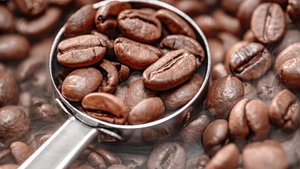 Close Up of Seeds of Coffee. Fragrant Coffee Beans Are Roasted Smoke Comes From Coffee Beans.