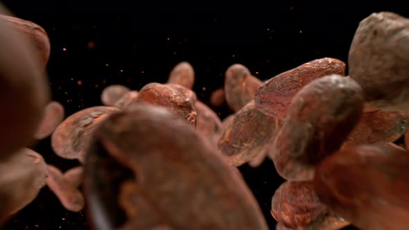 Super Slow Motion Detail Shot of Raw Chocolate Beans Falling Down on Black Background at 1000Fps