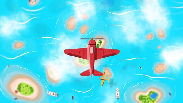 Tropical Travel Animation. Flying plane, Ocean and Islands.