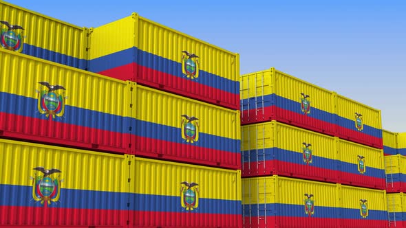 Container Yard Full of Containers with Flag of Ecuador