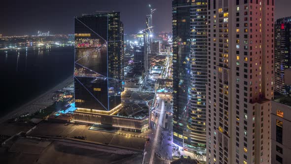 Waterfront Overview Jumeirah Beach Residence JBR Skyline Aerial Night Timelapse