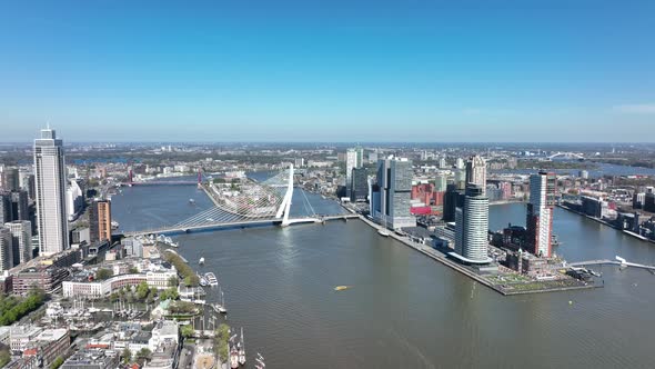 Rotterdam City Skyline in The Netherlands Drone View of the Maas and Office Buildings City View