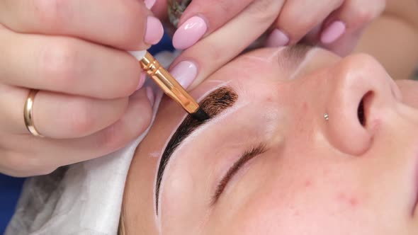Permanent Makeup for Eyebrows of Woman with Thick Brows in Beauty Salon