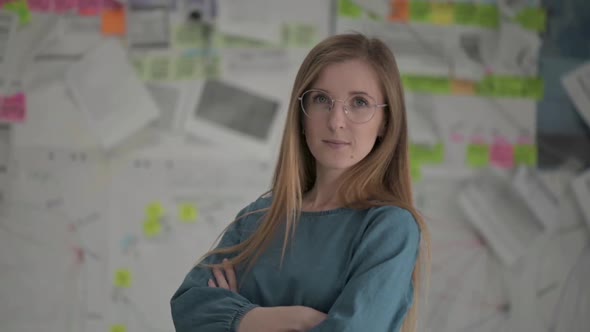 Portrait of  attractive successful business woman looking at camera and smiling