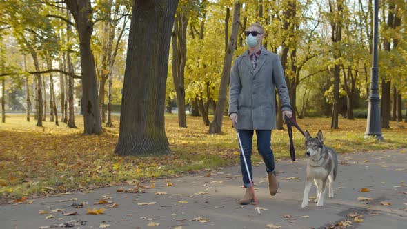 Blind Man Wearing Safety Mask Walking with Guide Dog in Fall Park