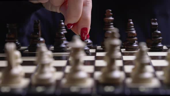 Woman Player Playing Board Intelligence Game  Wooden Chess