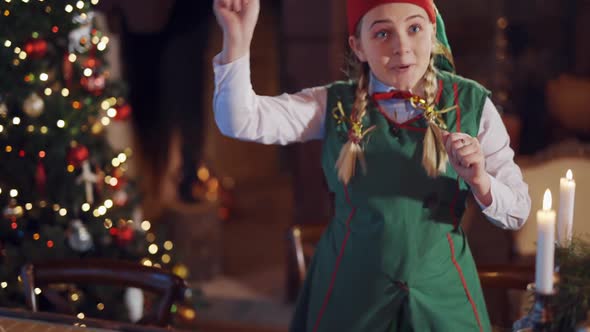 Portrait of a happy elf in the Christmas decorated room.