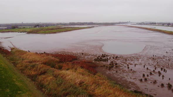 Aerial View Of Flood Plain Next To River Noord. Pedestal Down