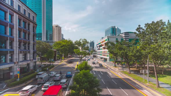 Traffic view with background Singapore landmark financial business district with skyscraper,