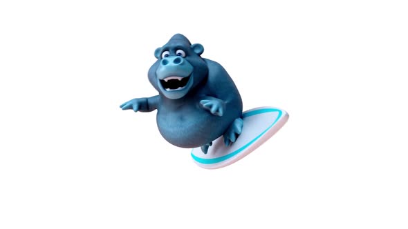 Fun 3D cartoon gorilla surfing