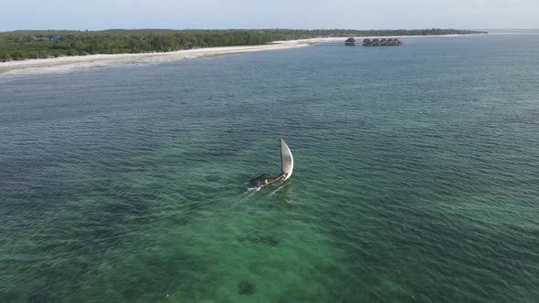 Aerial View of a Boat in the Ocean Near the Coast of Zanzibar Tanzania