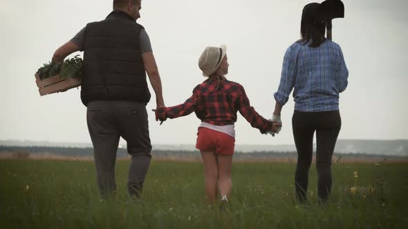 Family Farmers Are Walking Along the Field at Sunset, Carrying Box with Fresh Vegetables and Tools