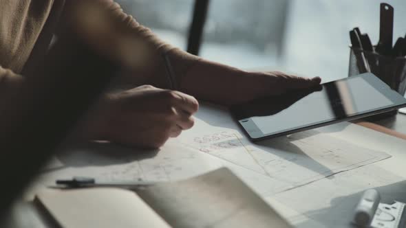 Architect Using Tablet Pc in Work. Engineer Using Tablet PC