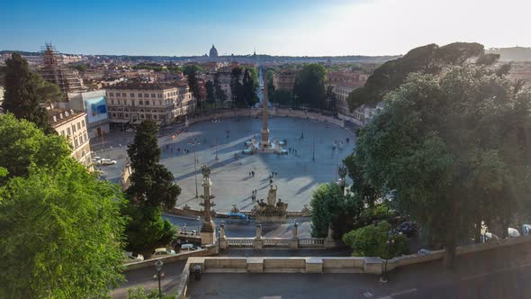 Aerial View of the Large Urban Square the Piazza Del Popolo Timelapse Rome at Sunset