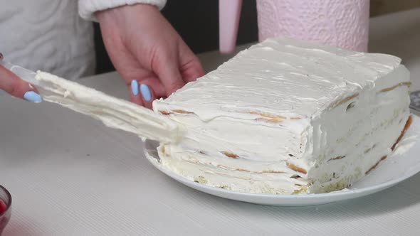 A Woman Smears A Biscuit Cake With Cream. Preparing A Biscuit Cake Dairy Girl. Close Up