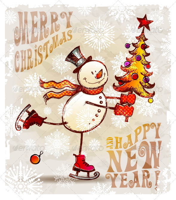 Skating Hand Drawn Snowman With Christmas Tree