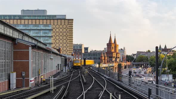 Time Lapse of moving subways on Oberbaum Bridge, Berlin, Germany