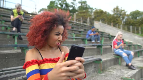 Displeased Young Woman Watching Cruel Video Online Smartphone, Internet Content