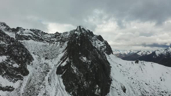 Aerial View of the Valley and Mountains After the First Snow Near the Village of La Mongie. Pyrenees