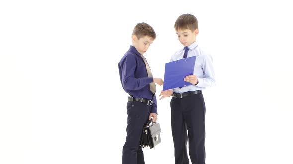 Meeting of Two Boy Businessmen with Handshake on White Studio